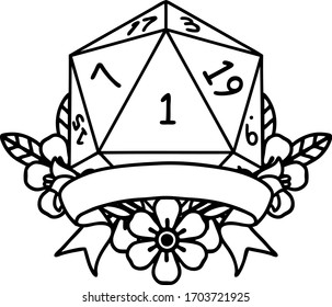 Black and White Tattoo linework Style natural one d20 dice roll