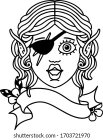 Black and White Tattoo linework Style elf rogue character face