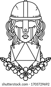 Black and White Tattoo linework Style crying human fighter with natural one D20 roll