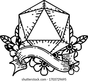 Black and White Tattoo linework Style natural twenty D20 dice roll