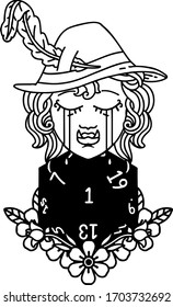 Black and White Tattoo linework Style sad half orc bard character with natural one d20 roll