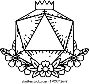 Black and White Tattoo linework Style natural 20 D20 dice roll with floral elements