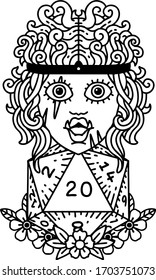 Black and White Tattoo linework Style orc barbarian with natural twenty dice roll