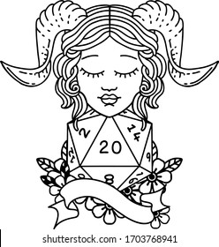 Black and White Tattoo linework Style tiefling with natural twenty dice roll