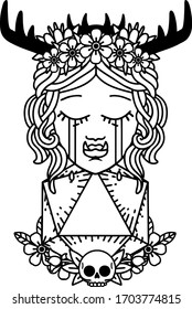 Black and White Tattoo linework Style sad half orc druid character with natural one dice roll