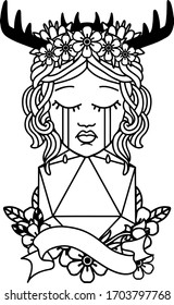 Black and White Tattoo linework Style crying human druid with D20 natural one roll