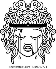 Black and White Tattoo linework Style sad orc barbarian character face