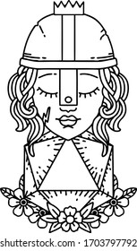 Black and White Tattoo linework Style human fighter with natural 20 D20 dice roll