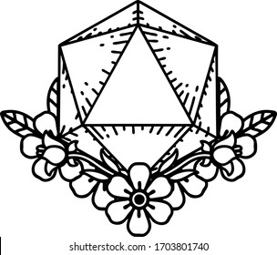 Black and White Tattoo linework Style natural one dice roll with floral elements