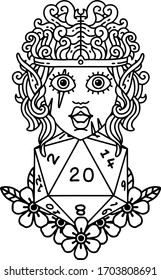 Black and White Tattoo linework Style elf barbarian character with natural twenty dice roll