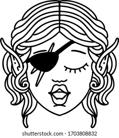 Black and White Tattoo linework Style elf rogue character face