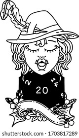 Black and White Tattoo linework Style singing half orc bard with natural twenty dice roll