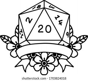 Black and White Tattoo linework Style natural 20 critical hit D20 dice roll