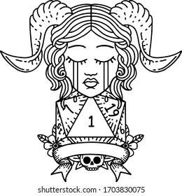 Black and White Tattoo linework Style crying tiefling face with natural 1 D20 Dice