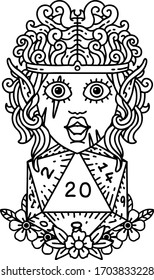 Black and White Tattoo linework Style elf barbarian character with natural twenty dice roll
