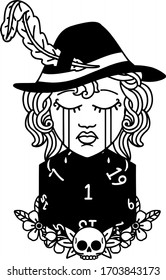Black and White Tattoo linework Style crying human bard with natural one D20 dice roll