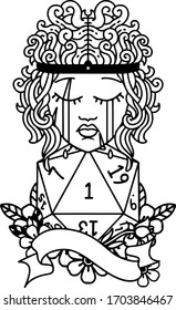 Black and White Tattoo linework Style crying human barbarian with natural one d20 roll