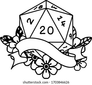 Black and White Tattoo linework Style natural twenty D20 dice roll