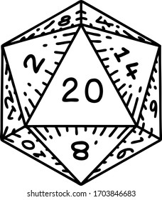Black and White Tattoo linework Style natural 20 D20 dice roll svg
