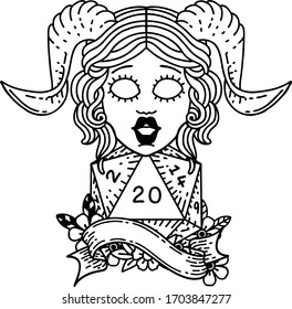 Black and White Tattoo linework Style tiefling with natural twenty dice roll