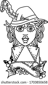 Black and White Tattoo linework Style elf bard with natural twenty dice roll