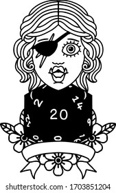 Black and White Tattoo linework Style half orc rogue character with natural twenty dice roll