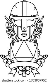 Black and White Tattoo linework Style crying elf fighter character face with natural one D20 roll
