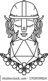 Black and White Tattoo linework Style elf fighter with natural twenty dice roll