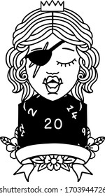 Black and White Tattoo linework Style half orc rogue character with natural twenty dice roll