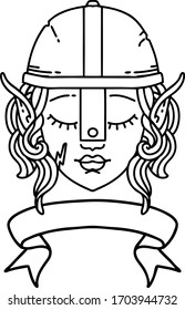 Black and White Tattoo linework Style elf fighter character face with banner