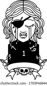 Black and White Tattoo linework Style crying orc rogue character with natural one roll