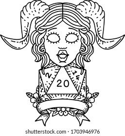 Black and White Tattoo linework Style tiefling with natural 20 D20 roll