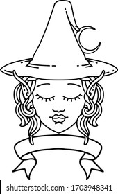 Black and White Tattoo linework Style elf mage character face with banner