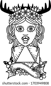 Black and White Tattoo linework Style orc druid character with natural twenty dice roll