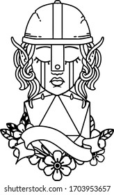 Black and White Tattoo linework Style crying elf fighter character face with natural one D20 roll