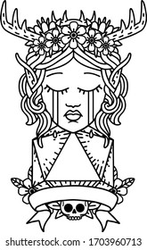 Black and White Tattoo linework Style sad elf druid character face with natural one D20 roll