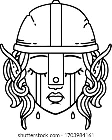 Lineal de tatuaje blanco y negro Cara del personaje de combate elfo llorando