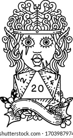 Black and White Tattoo linework Style elf barbarian character with natural twenty dice roll