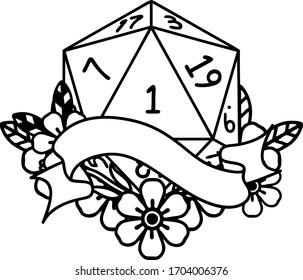 Black and White Tattoo linework Style natural one d20 dice roll
