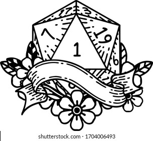 Black and White Tattoo linework Style natural one d20 dice roll