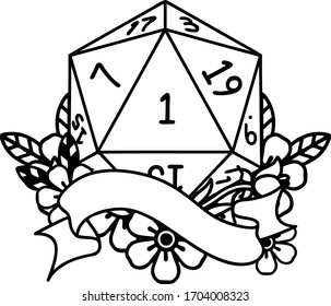 Black and White Tattoo linework Style natural one d20 dice roll