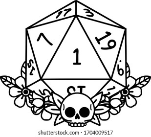 Black and White Tattoo linework Style natural one dice roll with floral elements