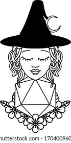 Black and White Tattoo linework Style human witch with natural twenty dice roll
