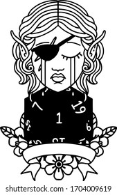 Black and White Tattoo linework Style crying elf rogue character with natural one D20 roll