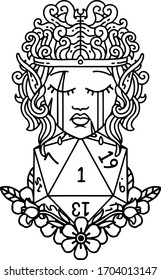 Black and White Tattoo linework Style crying elf barbarian character with natural one D20 roll