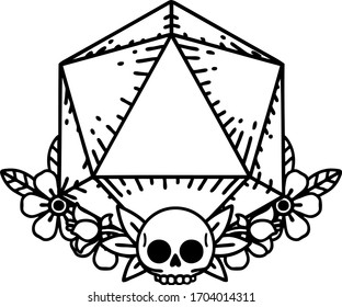 Black and White Tattoo linework Style natural one dice roll with floral elements