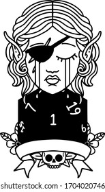 Black and White Tattoo linework Style crying elf rogue character with natural one D20 roll