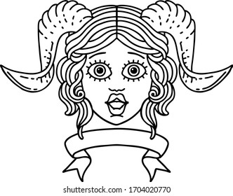 Black and White Tattoo linework Style tiefling character face with scroll banner