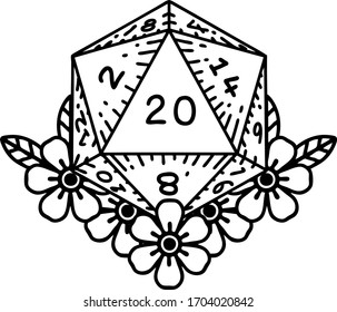 Black and White Tattoo linework Style natural 20 D20 dice roll with floral elements