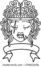 Black and White Tattoo linework Style orc barbarian character face with banner